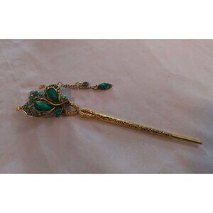 Vintage Gold-Toned Hair Stick With Green Accents & Decorative Chain